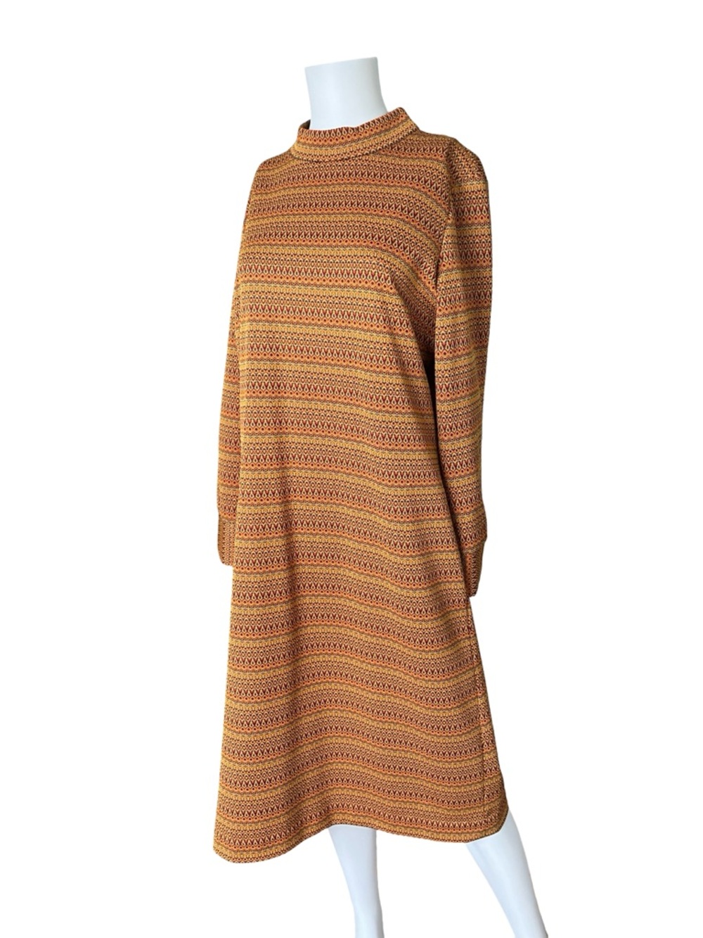 Vintage Semon Frelich Shift Dress Long Sleeve Jacquard Knit Orange Blue